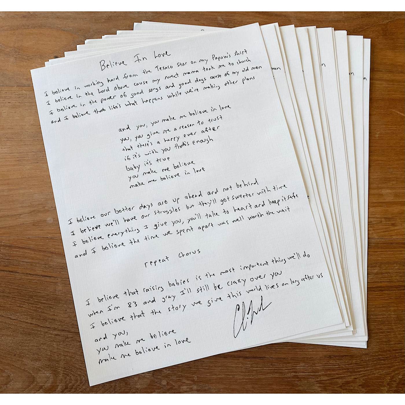 Charlie Worsham "Believe in Love" Handwritten Lyric Sheet
