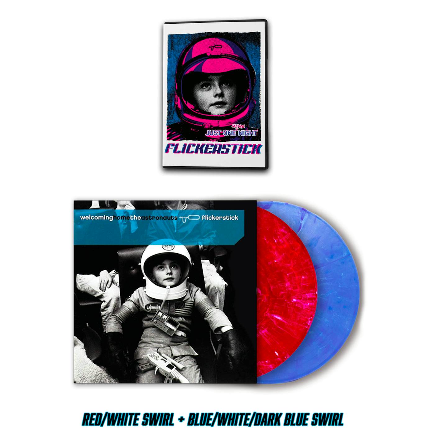 Flickerstick – WHTA Red/Blue LP + Just One More Night Blue-Ray Combo Bundle (Vinyl)