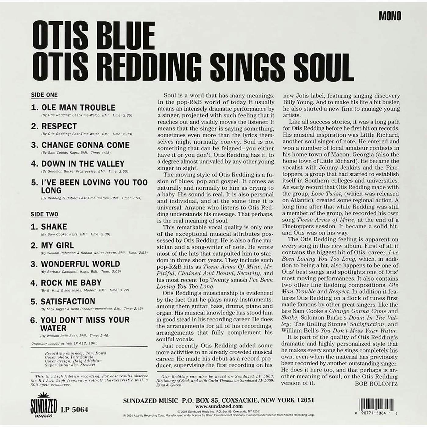 OTIS BLUE / OTIS REDDING SINGS SOUL Vinyl Record