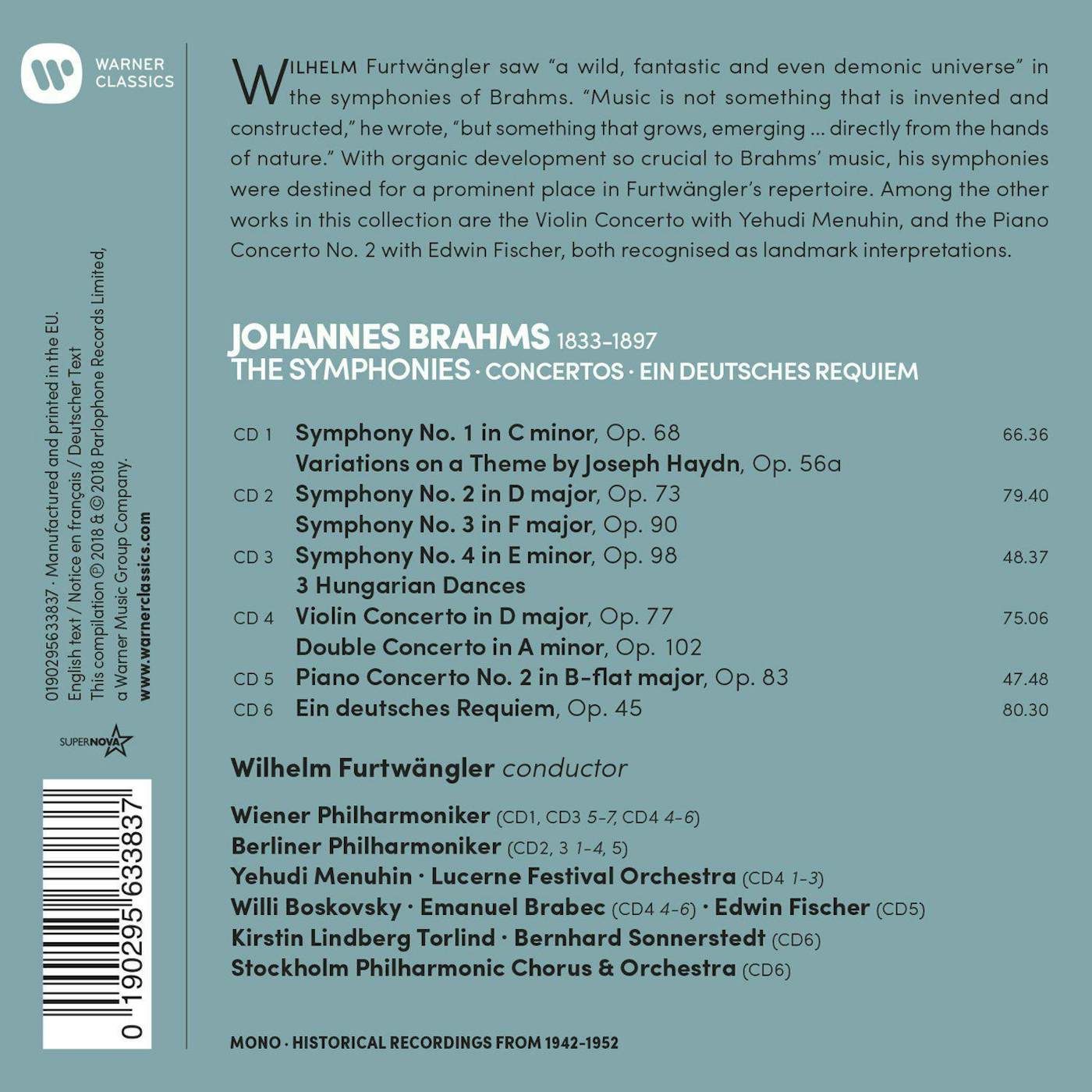 Wilhelm Furtwängler Brahms: The Symphonies, Ein Deutsches Requiem (6CD Box Set)