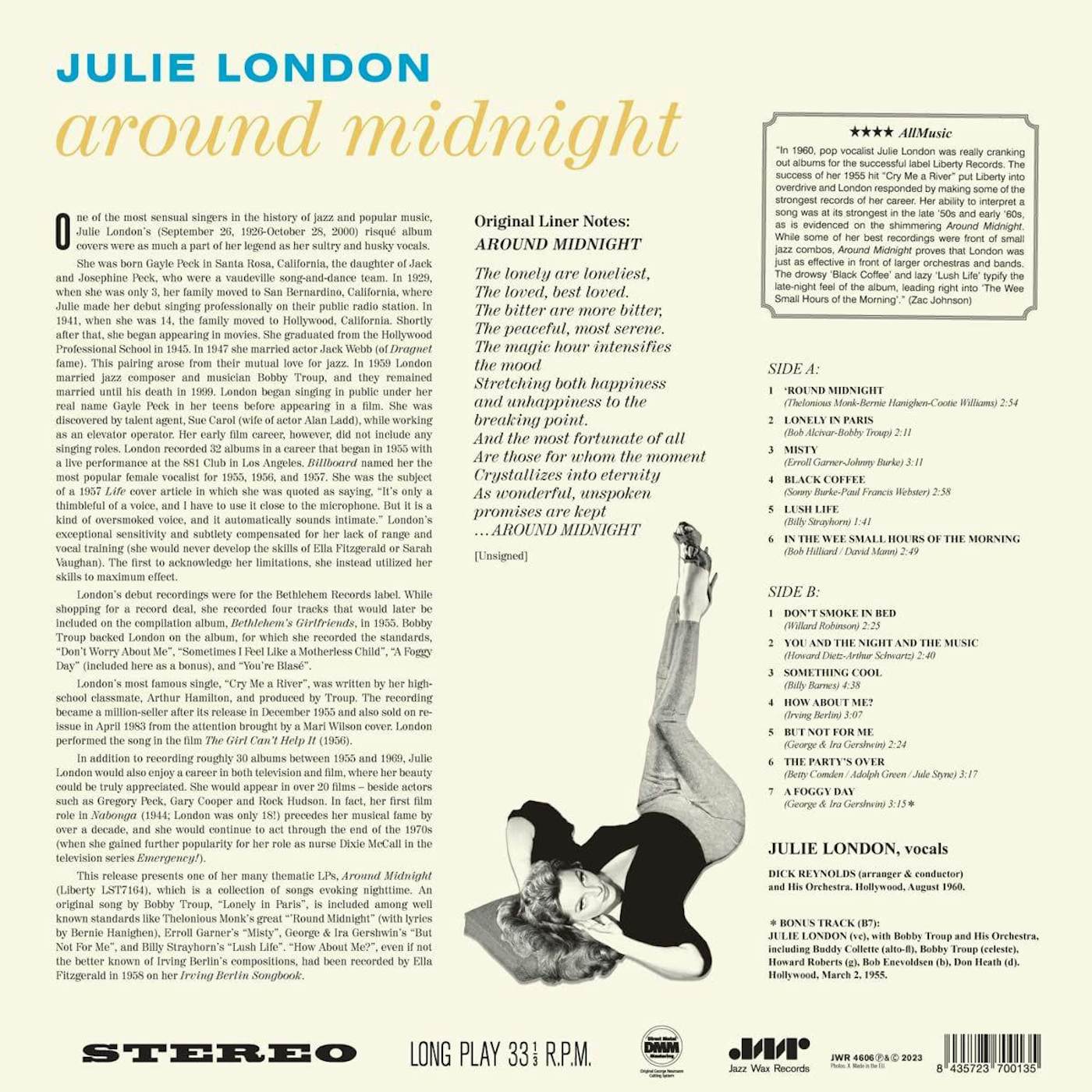 Julie London Around Midnight (Bonus Track/Limited Edition/180g/Spain Release) Vinyl Record